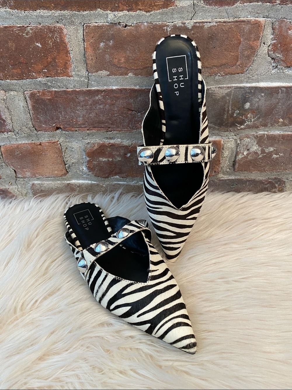 Shu Shop Alma Leather Zebra Hair Studded Pointed Toe Mules, Size 6 - Picture 7 of 16